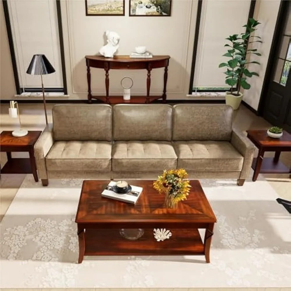 Cherry Queen Anne Solid Wood Coffee Table with Storage Shelf – 43.3" Mid-Century Elegance