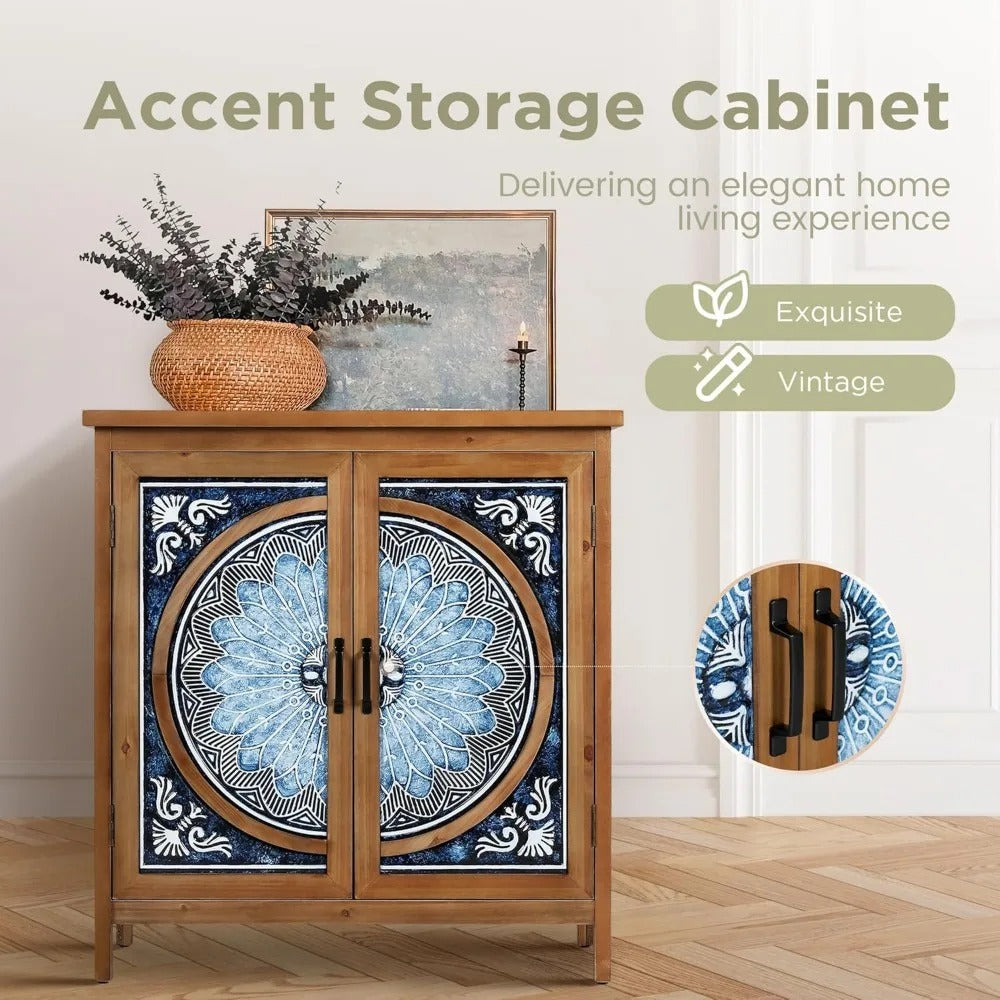 Blue & White 2-Door Accent Cabinet – Distressed Rustic Storage with Porcelain Pattern for Entryway or Living Room