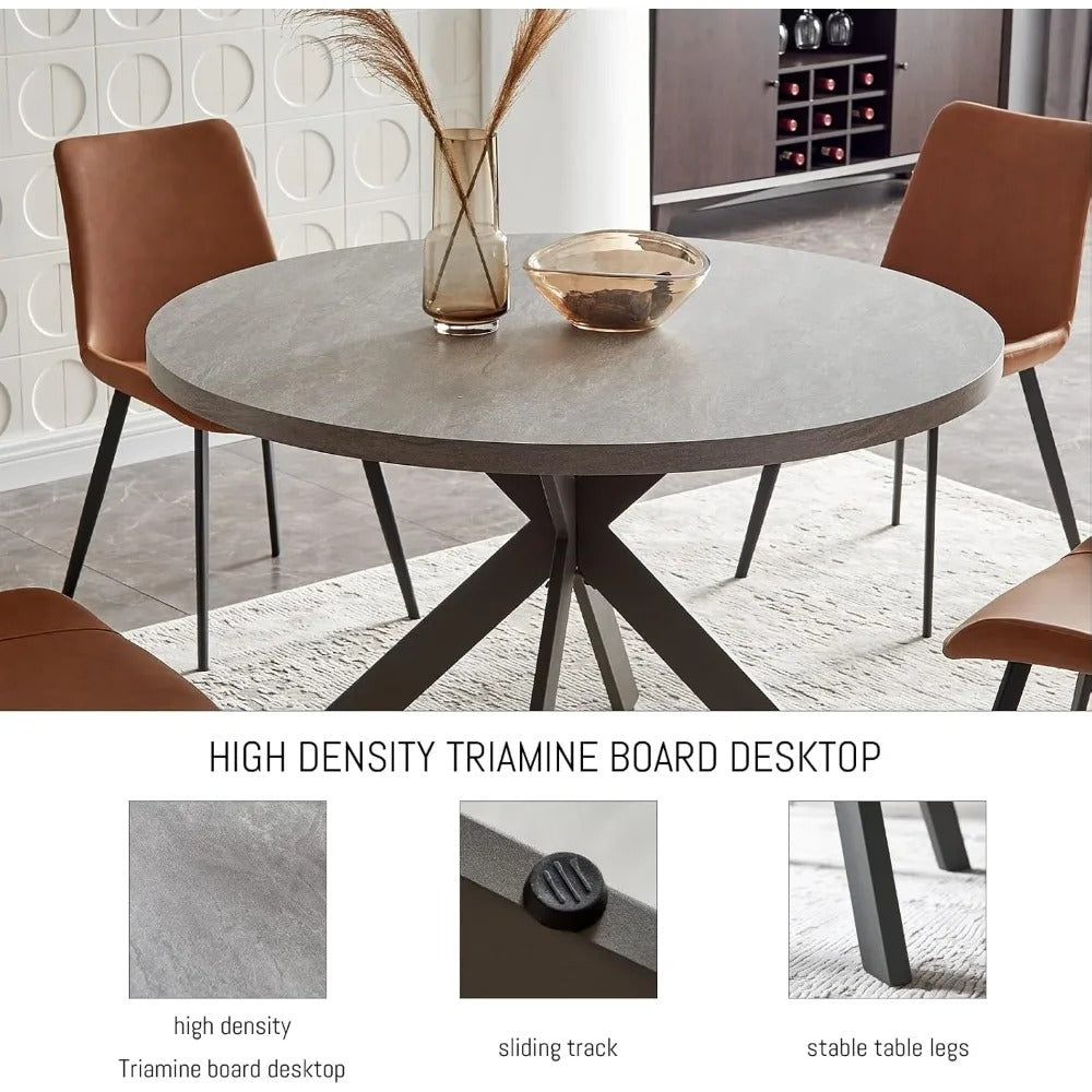 47" Round Dining Table Set for 4–6, Mid-Century Modern Table with PU Leather Chairs, Steel Legs, Easy Assembly