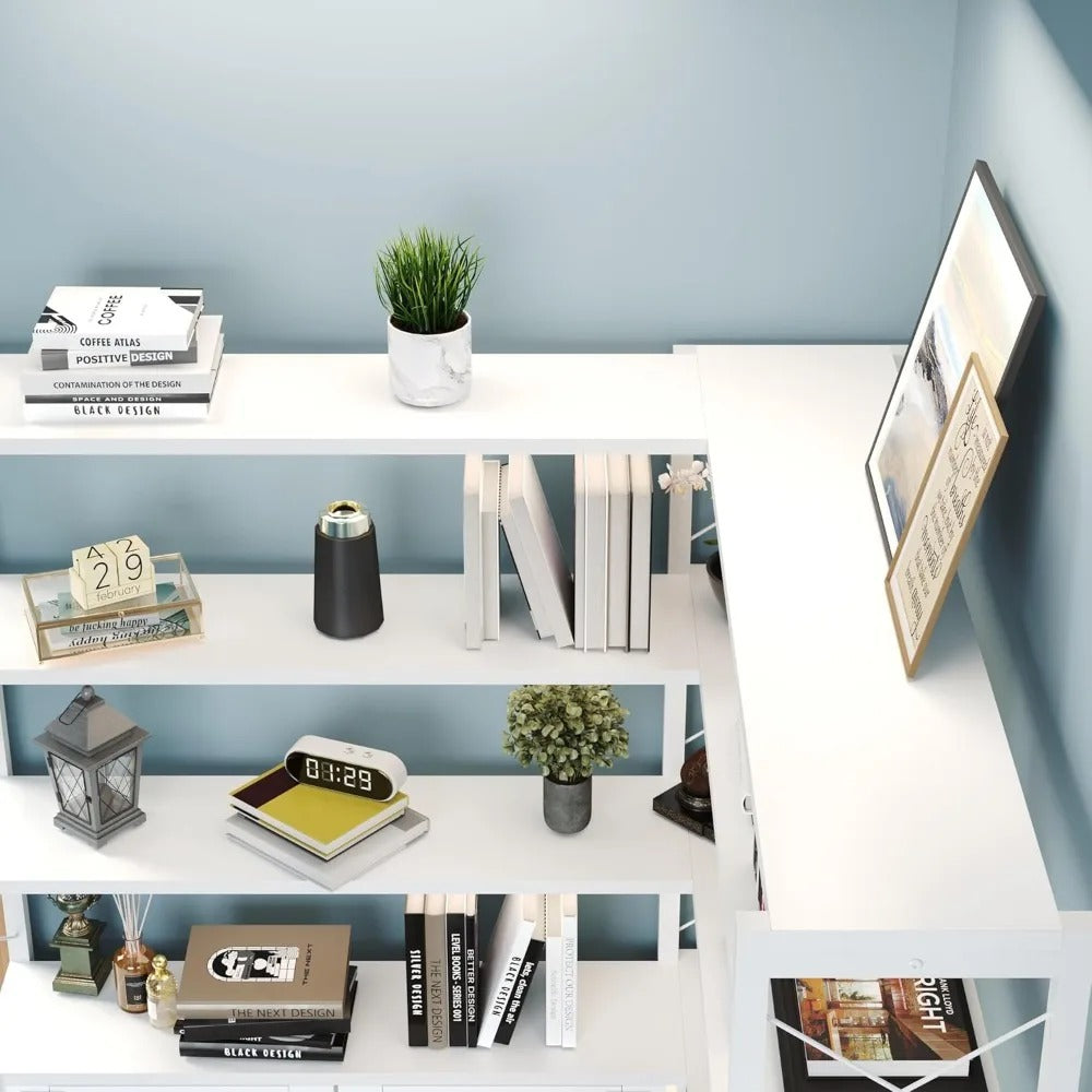 6-Tier L-Shaped Industrial Corner Bookshelf with Cabinet – Large Freestanding Metal & Wood Bookcase for Living Room or Office