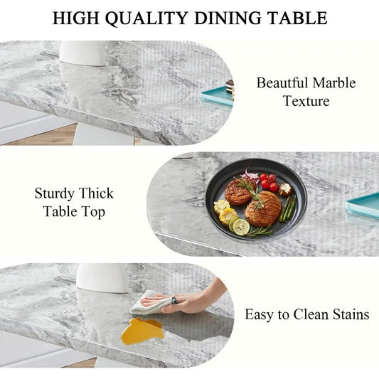 5-Piece Counter Height Dining Set with 63" Faux Marble Table & 4 White Leather Barstools – Modern Kitchen & Bar Table Set