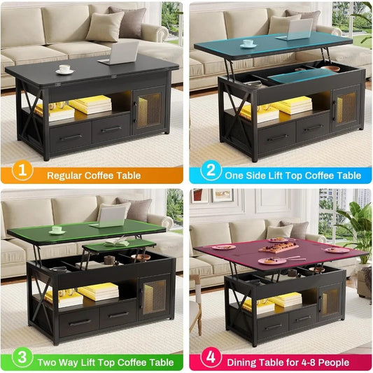 40" Lift Top Coffee Table with Storage – 4-in-1 Multi-Functional Table with Drawers, Cabinet, RGB LED Lights & Hidden Compartments for Living Room