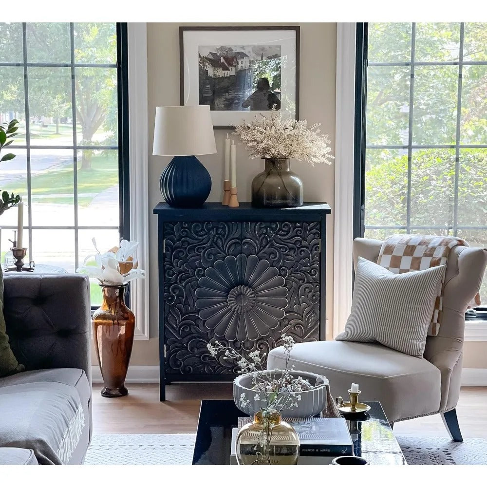 Black Floral Carved Accent Cabinet – 2-Door Vintage Storage Sideboard with Embossed Doors, Engineered Wood Console for Entryway or Living Room