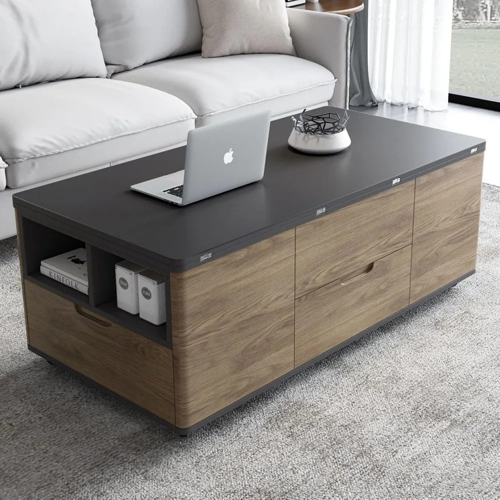 3-in-1 Lift-Top Coffee Table with Hidden Stools – Convertible Center Table to Dining or Desk, Storage, Wheels, Brown