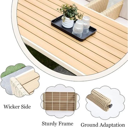 7-Piece Modern Outdoor Patio Dining Set with Cushioned Chairs & Faux Wood Table – All-Weather PE Wicker Furniture