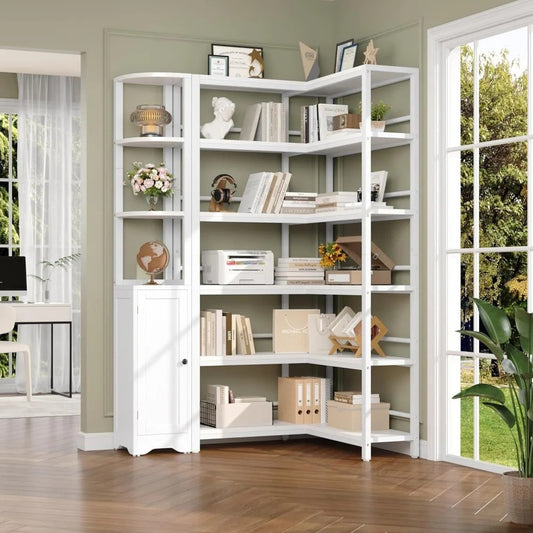 72" Tall White Corner Bookshelf – 6-Tier Space-Saving Display Shelf (Set of 2)