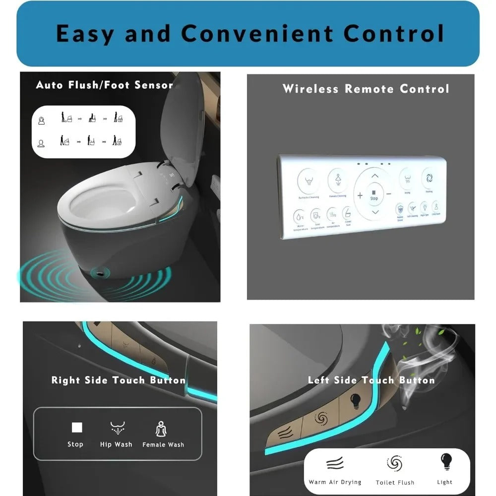 12” Smart Elongated Toilet with Bidet, Auto Flush, Foot Sensor & Heated Seat – Matte Black