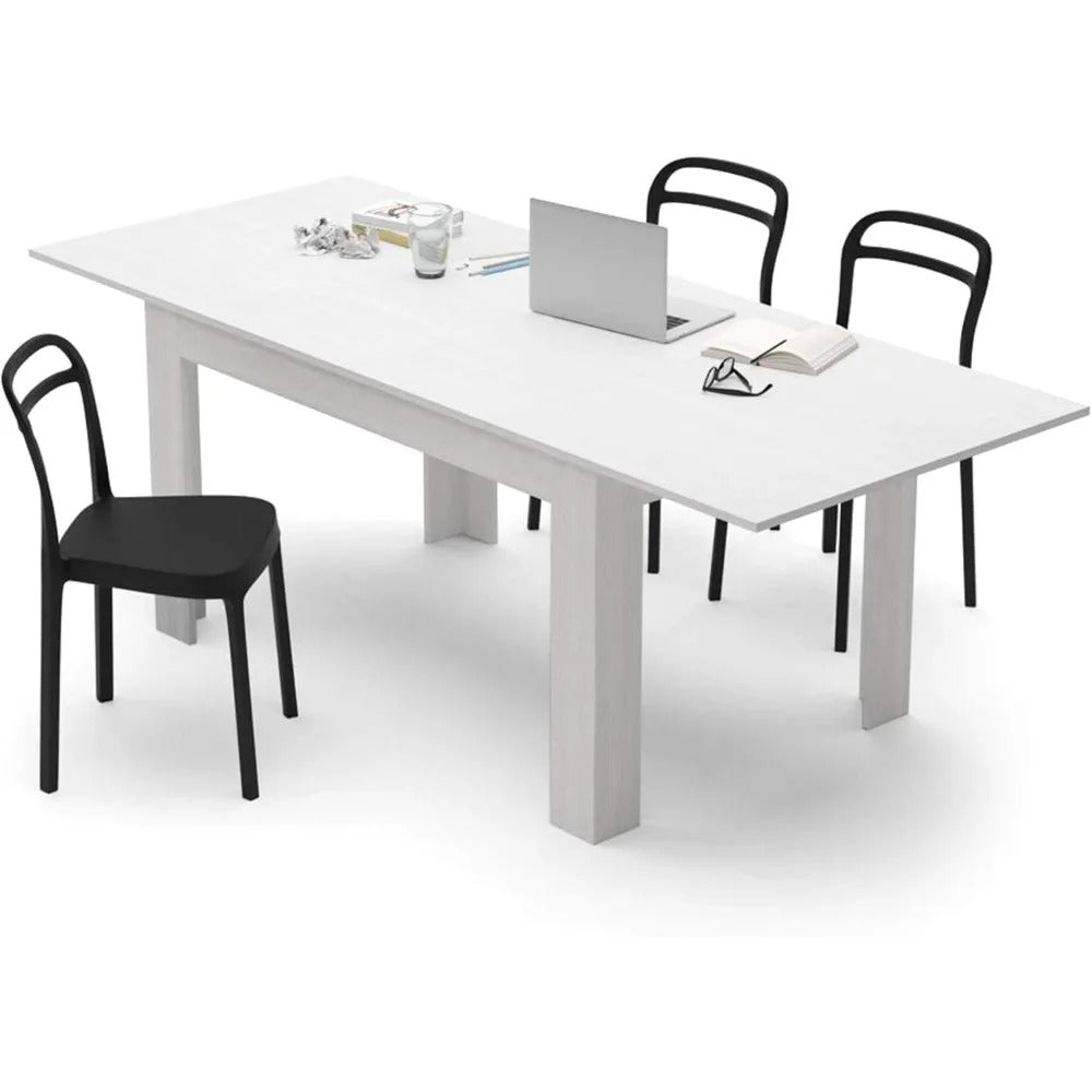 Extendable Dining Table for 6–8 People – 55" to 86" Ashwood White Kitchen Table with L-Shaped Legs, Space-Saving Design