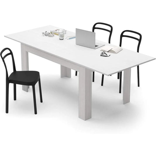 Extendable Dining Table for 6–8 People – 55" to 86" Ashwood White Kitchen Table with L-Shaped Legs, Space-Saving Design