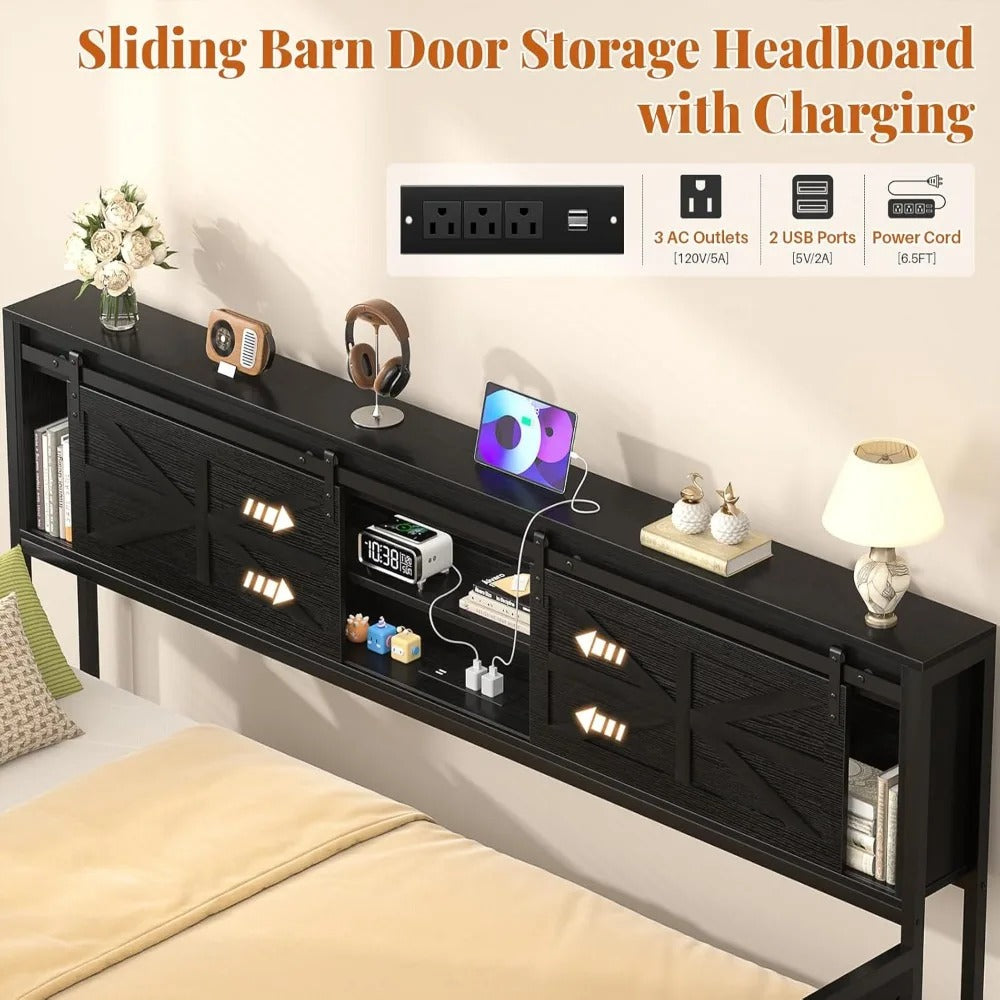 Farmhouse Twin Daybed with Trundle, Bookcase Headboard & Charging Station – Heavy-Duty Metal Sofa Bed Frame with Sliding Barn Doors (Black)