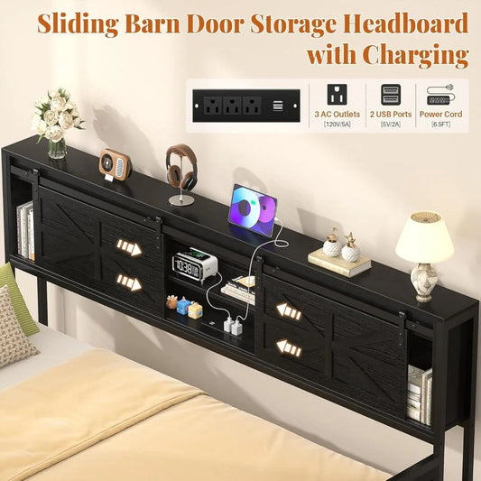 Farmhouse Twin Daybed with Trundle, Bookcase Headboard & Charging Station – Heavy-Duty Metal Sofa Bed Frame with Sliding Barn Doors (Black)