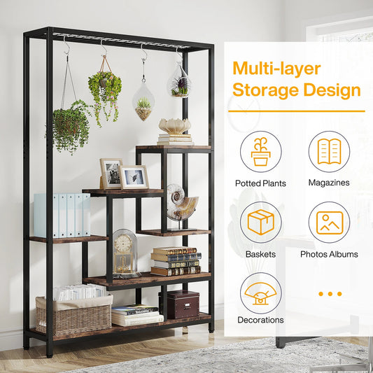Maximize your greenery with this modern plant stand featuring a vertical ladder design, 6 hanging hooks, and spacious shelves to brighten any indoor or outdoor space.