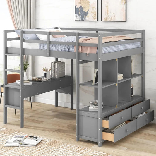 Full Size Loft Bed with Desk, Bookshelf & Drawers – Solid Wood Loft Frame for Kids or Teens, Grey