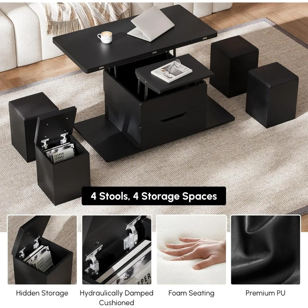 3-in-1 Lift-Top Coffee Table with Hidden Storage & 4 Stools – Black, Modern, on Wheels