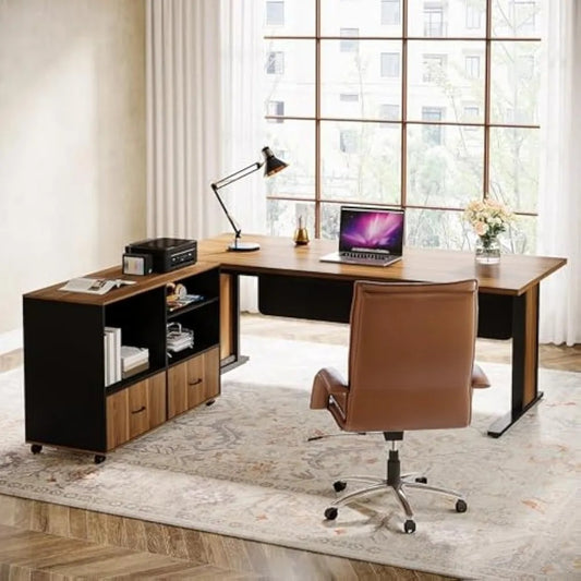 63" L-Shaped Executive Computer Desk with File Cabinet – Retro Office Workstation with Reversible Design & Storage Drawers