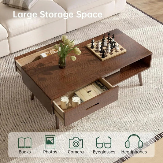 100% Solid Wood Mid-Century Modern Coffee Table – 39.37" Coffee Table with 2 Drawers & Open Shelf, Walnut Finish