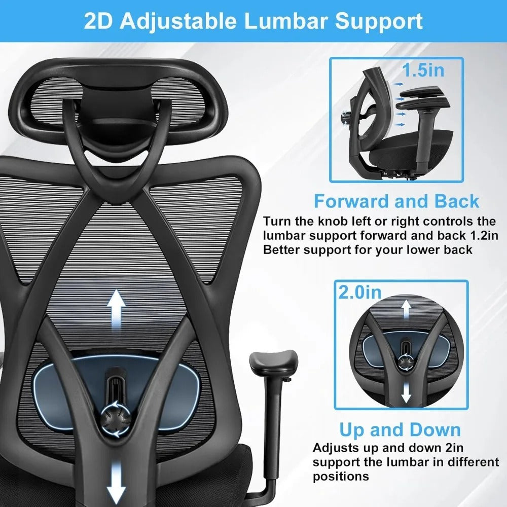 Ergonomic Mesh Office Chair with 2D Lumbar Support – High Back Desk Chair with Adjustable Headrest & Armrests