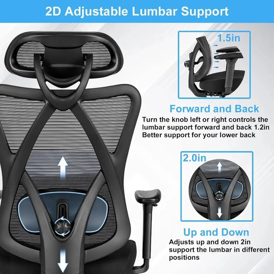 Ergonomic Mesh Office Chair with 2D Lumbar Support – High Back Desk Chair with Adjustable Headrest & Armrests