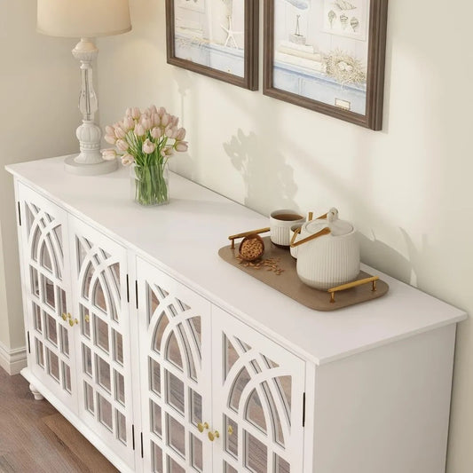 Modern White Sideboard Cabinet with Carved Mirror Doors & Adjustable Storage – Buffet Console for Kitchen, Dining, or Entryway
