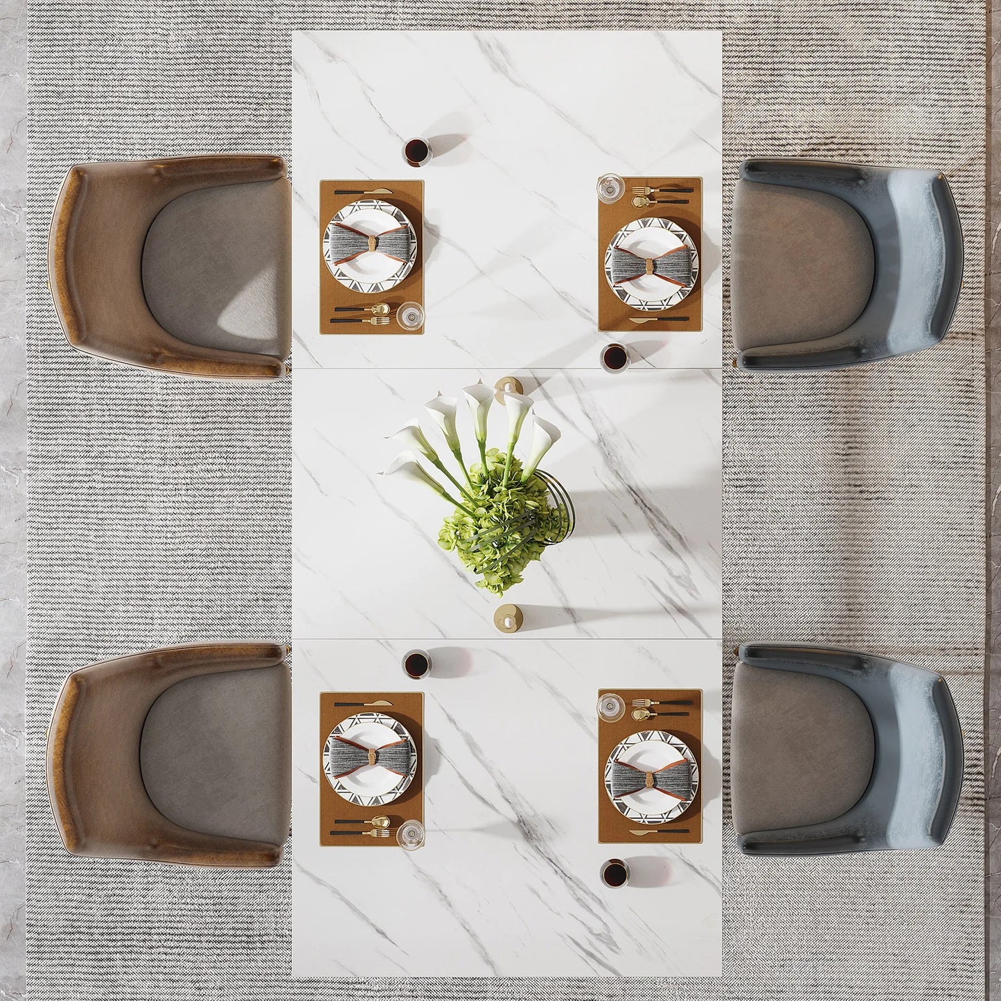 Elegant White Dining Table with Faux Marble Top – Modern Rectangular Table for 4 to 6 People with Gold Metal Legs