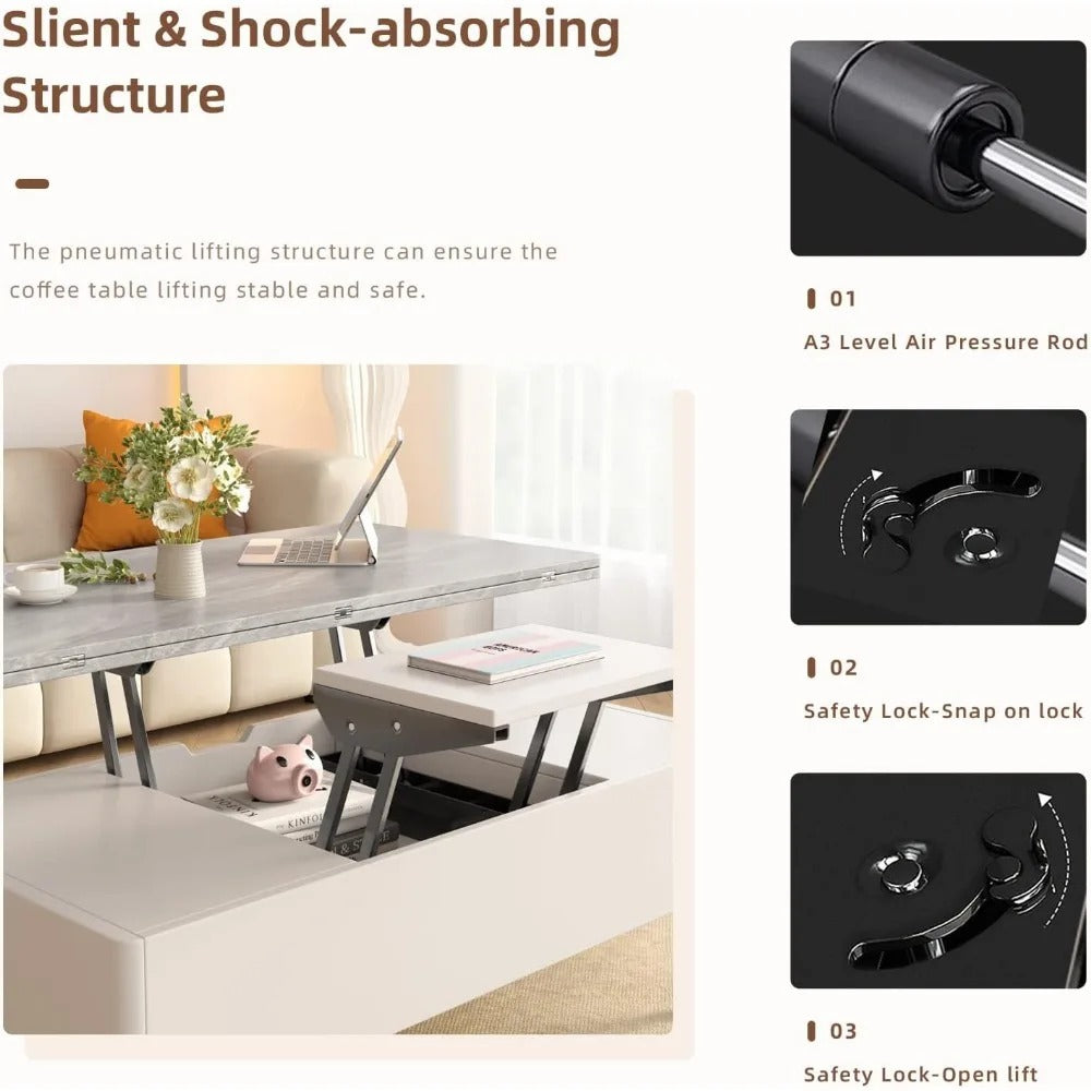 3-in-1 Lift Top Extendable Coffee Table – Hidden Storage, Dining + Workstation in One, Modern White & Grey Center Table