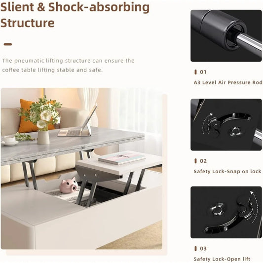 3-in-1 Lift Top Extendable Coffee Table – Hidden Storage, Dining + Workstation in One, Modern White & Grey Center Table