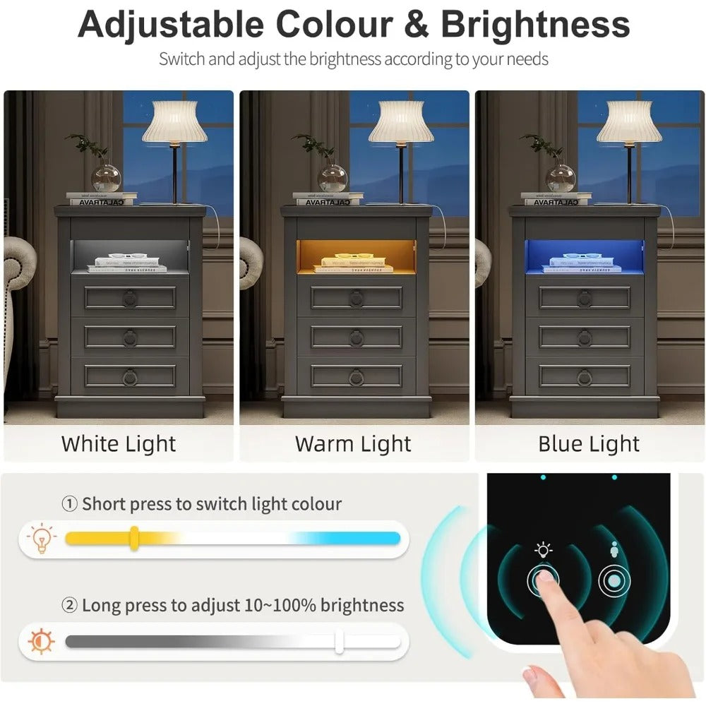 Modern Farmhouse Nightstand with Hidden Gun Drawer, LED Lights & Charging Ports – 3-Drawer Bedside Table with Sensor Lighting