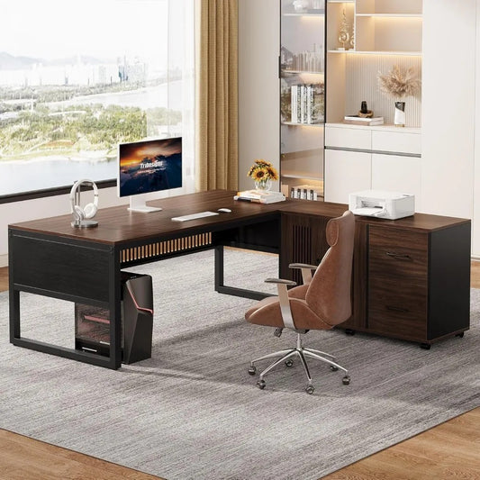 63" L-Shaped Executive Desk with Mobile File Cabinet – Modern Dark Walnut Corner Office Desk with Storage Drawers & Door Cabinet