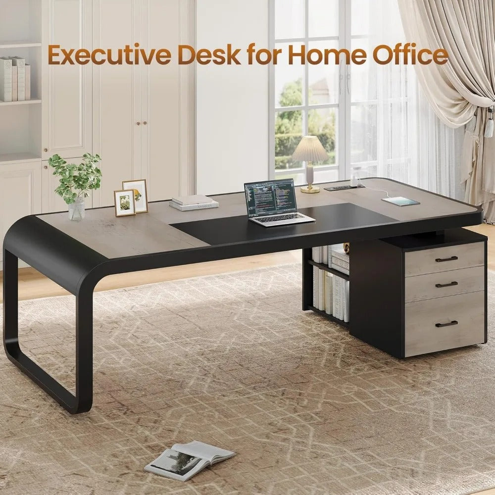 70.9” Executive Office Desk with Drawers & Charging Station – Large Computer Desk with File Cabinet & Removable Shelves