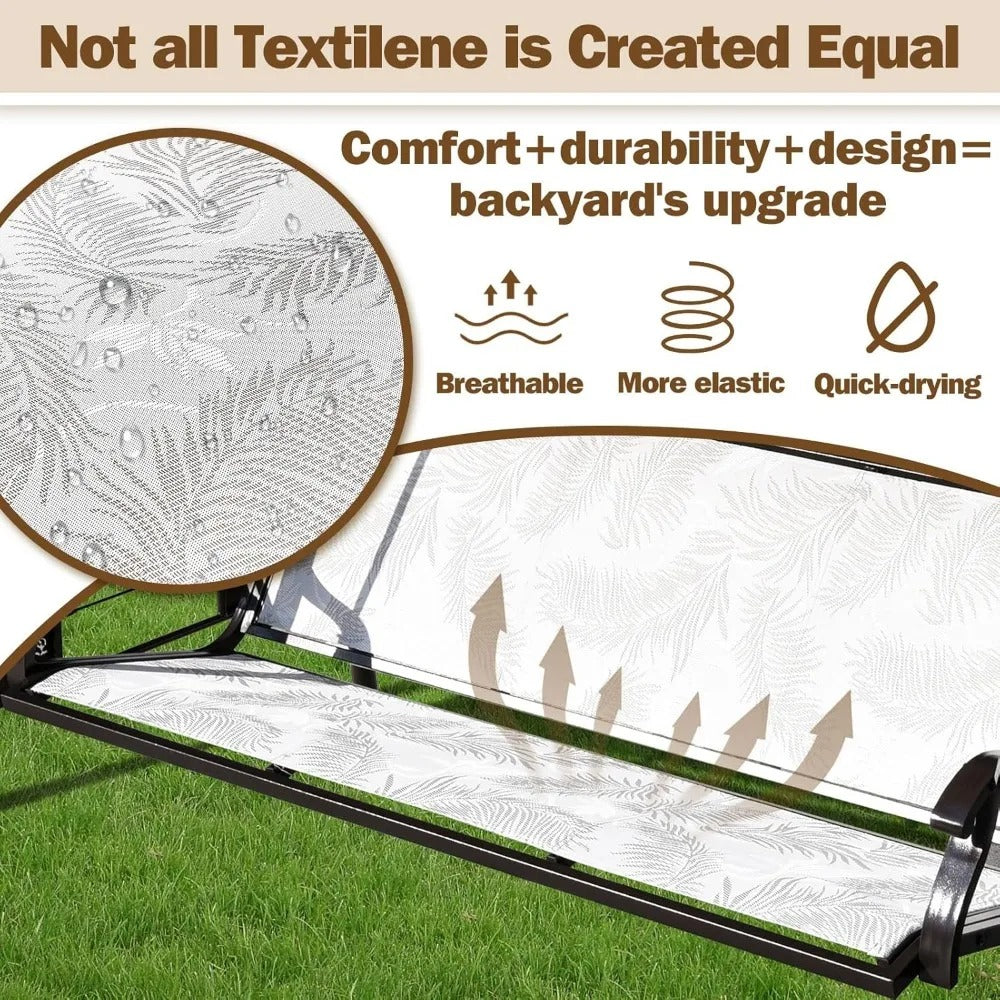 3-Person Outdoor Patio Swing with Adjustable Canopy & Upgraded Cup Holders – Textilene Fabric Porch Swing Chair