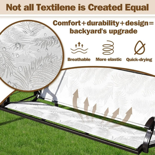 3-Person Outdoor Patio Swing with Adjustable Canopy & Upgraded Cup Holders – Textilene Fabric Porch Swing Chair