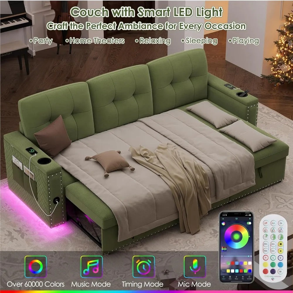 87" Velvet L-Shaped Sleeper Sectional Sofa Bed with Storage, LED Lights & USB Ports – Pull-Out Couch for Modern Living Rooms