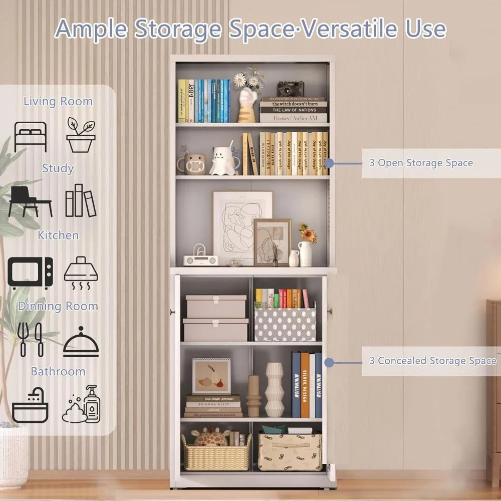 6-Tier Adjustable Metal Bookshelf with Doors – Tall Storage Shelf for Home & Office, 71.6” Height
