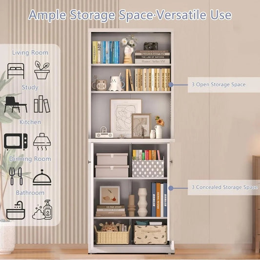 6-Tier Adjustable Metal Bookshelf with Doors – Tall Storage Shelf for Home & Office, 71.6” Height