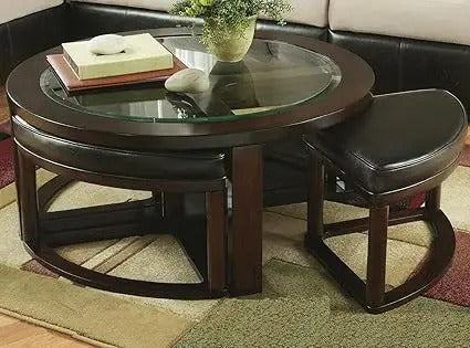 Espresso Round Coffee Table with 4 Hidden Stools – Solid Wood & Glass Top Space-Saving Living Room Set