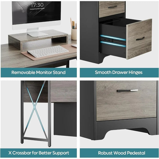 L-Shaped Executive Desk with 4 Drawers – 63" x 47" Corner Desk with File Storage, Monitor Stand & Open Shelves
