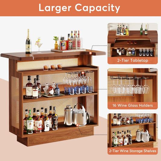 Farmhouse Rattan Home Bar Cabinet with 4 Shelves, Stemware Racks & Elevated Base – Rustic Liquor Storage Table