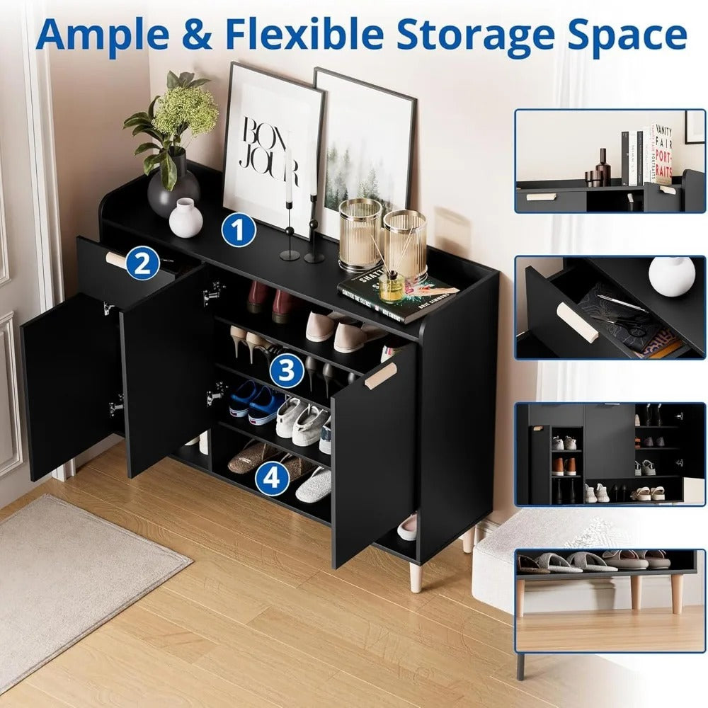 Modern Shoe Cabinet with Drawer & Doors – 4-Tier Adjustable Wood Shoe Organizer for Entryway, Hallway, or Bedroom