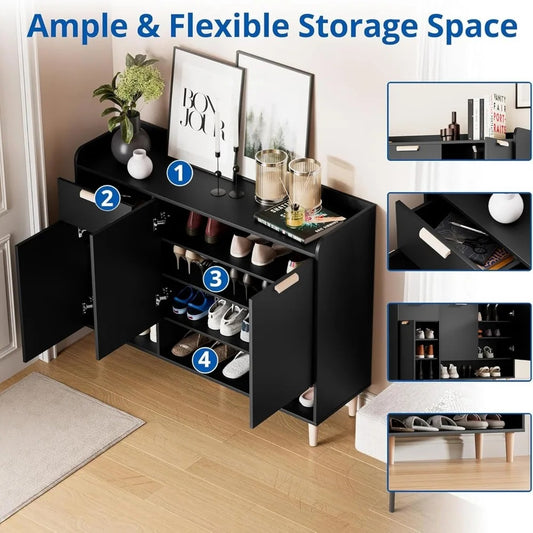Modern Shoe Cabinet with Drawer & Doors – 4-Tier Adjustable Wood Shoe Organizer for Entryway, Hallway, or Bedroom