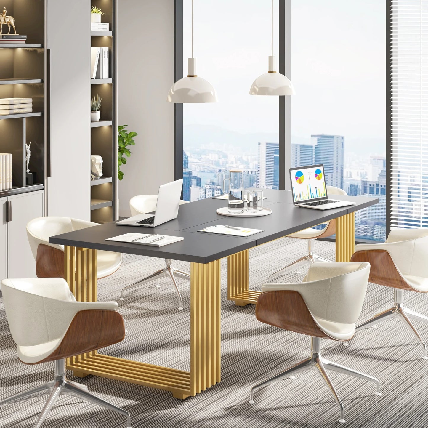 70.9" Modern Executive Office Desk – Grey Workstation with Gold Metal Legs & Spacious Desktop