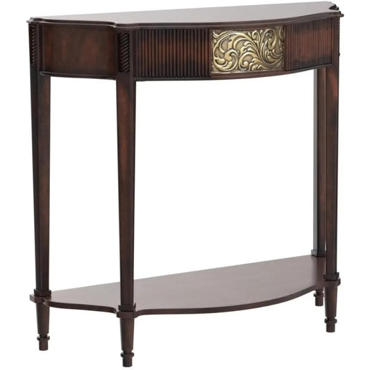 Half-Moon Cherry Console Table with Aged Gold Medallion – Elegant Traditional Foyer Accent Furniture