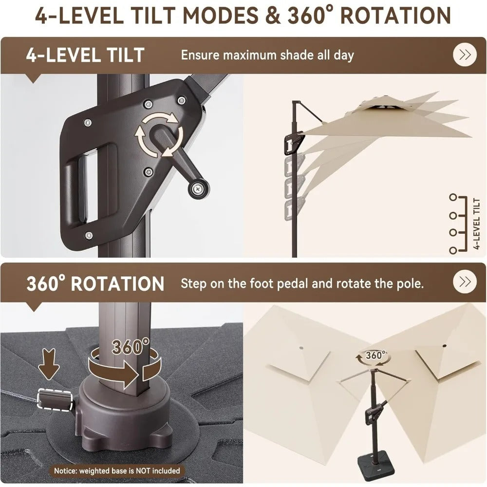 10x13 FT Cantilever Patio Umbrella with LED Lights – Rectangular Offset Umbrella, 360° Rotation, UV-Resistant Canopy, Double Top, Heavy Duty Outdoor Shade