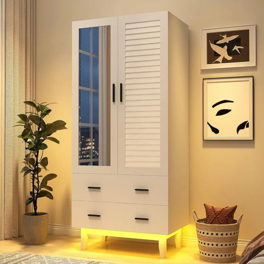 2-Door Armoire Wardrobe Closet with Drawers & LED Lights – Hanging Rod, Shelves, and Louver Doors, White Modern Storage Cabinet