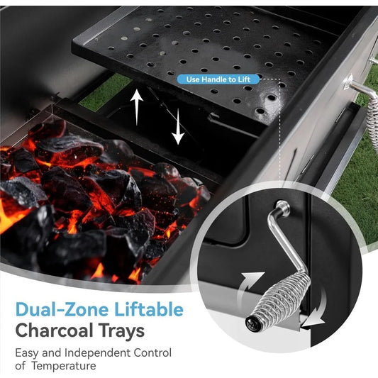 Large Barrel Charcoal Grill with 794 Sq In Cooking Space, Dual Height-Adjustable Pans & Folding Side Tables – Outdoor BBQ Grill with Temp Gauge