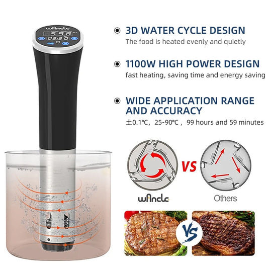 Wancle M820 1100W Sous Vide Cooker – LCD Digital Immersion Circulator, Precise Temperature Control, IPX7 Waterproof Stainless Steel Sous Vide Machine (6L+, CE Certified)