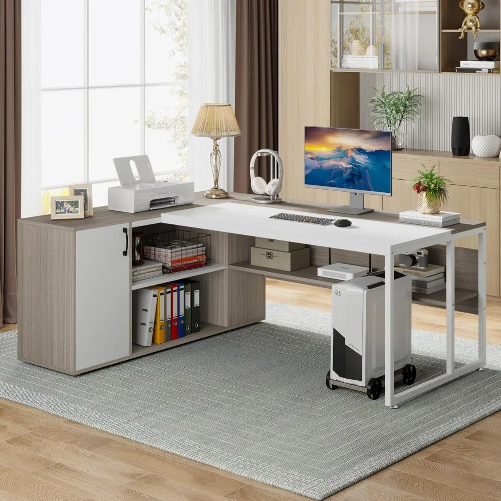 71" L-Shaped Executive Desk with Storage Cabinet – Modern Office Workstation with Shelves, Drawers & Printer Stand