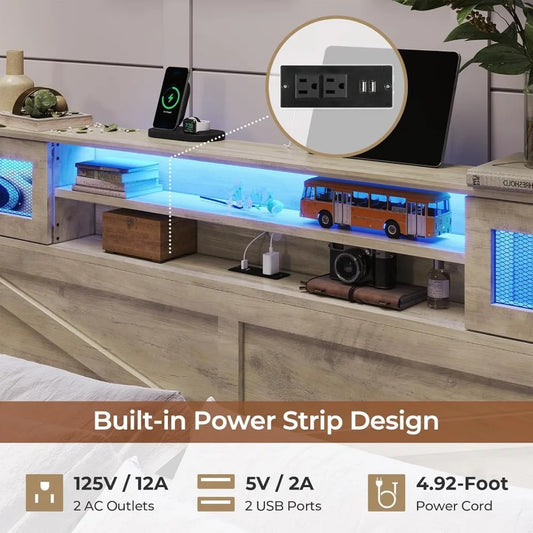 King Farmhouse Bed Frame with Bookcase Headboard, Drawers & LED Lights – Rustic Oak Platform, No Box Spring Needed