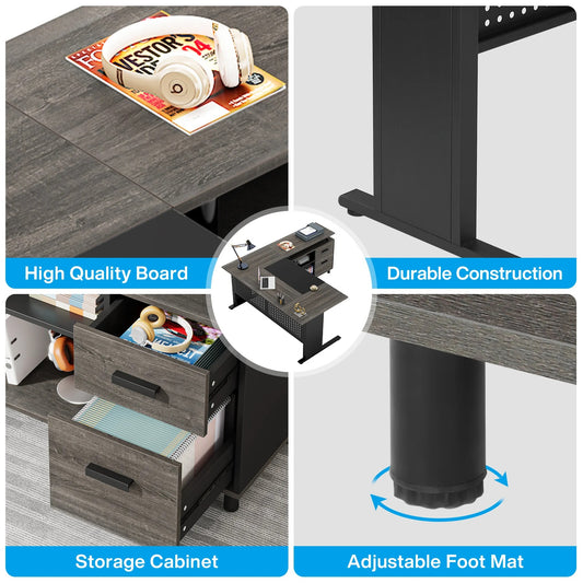 63" Executive L-Shaped Office Desk with File Cabinet, Drawers & Storage Shelves
