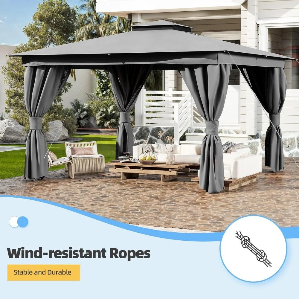 10x13 FT Outdoor Patio Gazebo with Curtains & Netting – Heavy Duty Double Roof Canopy for Backyard, Deck, or Garden