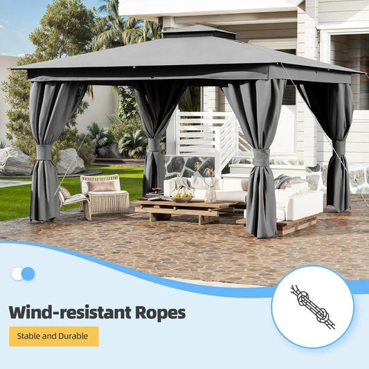 10x13 FT Outdoor Patio Gazebo with Curtains & Netting – Heavy Duty Double Roof Canopy for Backyard, Deck, or Garden